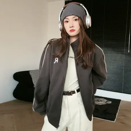 尔给休闲百搭小个子加绒加厚立领外套女2023新款爆款秋冬款开衫商品大图