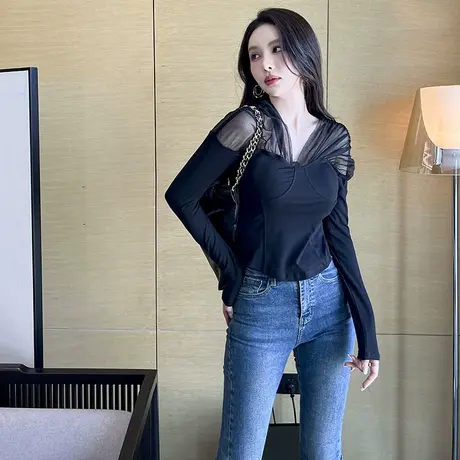网纱拼接漏锁骨小众气质上衣T恤女2024复古风长袖内搭打底衫新款商品大图
