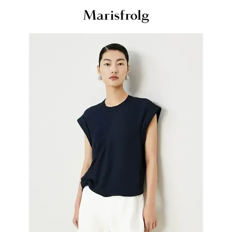 【商场同款】玛丝菲尔2023年夏季新款深蓝色绑结式修身短袖T恤女商品大图