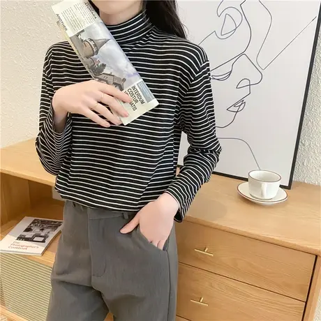 高领打底衫秋冬2024年新款韩版宽松内搭长袖T恤女装条纹上衣潮ins图片
