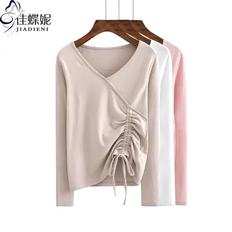 春秋季新款V领修身显瘦纯棉长袖体恤打底内搭上衣女装韩版T恤图片