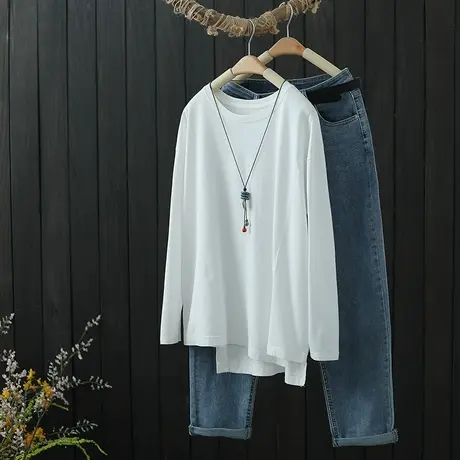 圆领长袖开叉白色t恤女装2022春秋季韩版宽松打底衫纯棉内搭上衣商品大图