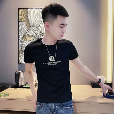 夏季男士t恤上衣短袖修身简约字母纯色百搭学生半袖紧身潮流体恤商品大图