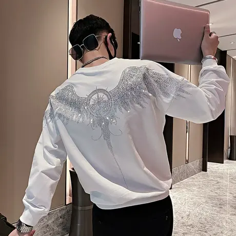 秋季男士卫衣t恤上衣外套长袖宽松套头潮流休闲微阔烫钻翅膀体恤商品大图