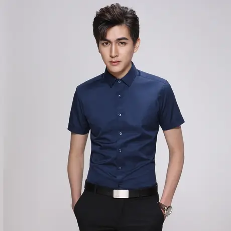 Seno刺绣短袖衬衫男深蓝色夏季修身商务韩版免烫抗皱正装绣花衬衣商品大图