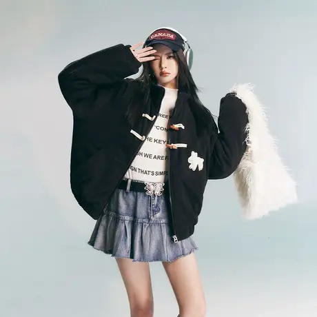 潮牌设计感羊羔毛棉服女加厚款冬季外套2023新款复古黑色宽松棉衣图片