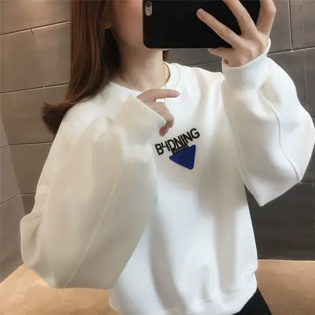 圆领卫衣秋季新品2023款字母长袖套头上衣外穿简约纯色洋气韩版女商品大图