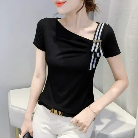 女装2024新款潮性感露锁骨T恤女短袖夏季设计感小众上衣洋气小衫商品大图