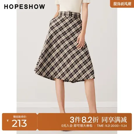 红袖outlets格纹半身裙hopeshow2023秋季新款女系带宽松显瘦中裙图片