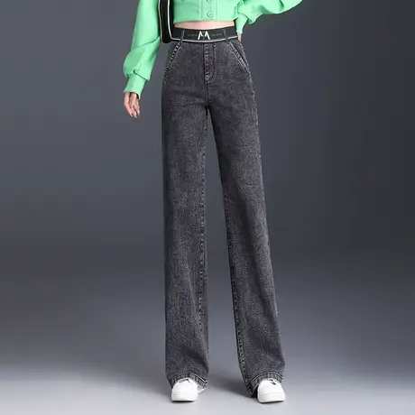 时尚阔腿裤百搭显瘦牛仔裤松紧腰休闲裤女秋季2023新款直筒长裤子图片