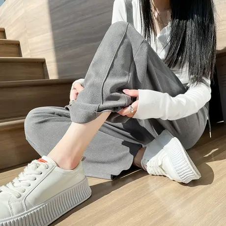 灰色阔腿运动裤女2024年春秋新款高腰垂感直筒宽松显瘦休闲拖地裤商品大图