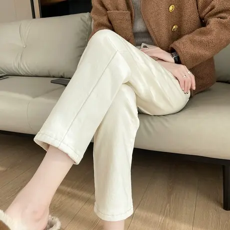 直筒牛仔裤女米白色秋冬新款高腰小个子加绒加厚保暖九分烟管裤子商品大图