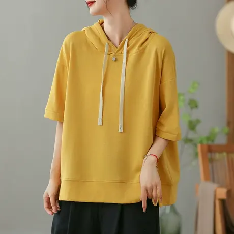 dza白色连帽短袖T恤女2023夏季全棉打底体恤宽松显瘦外搭套头上衣商品大图