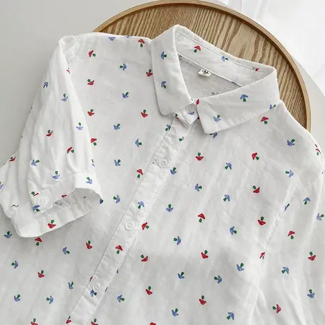 夏季日系文艺小清新碎花双层纱纯棉短袖衬衫女学生宽松半袖白上衣图片