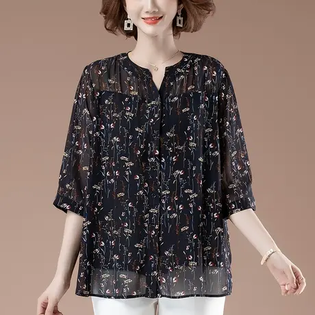 雪纺衫女夏短袖加肥加大码女装宽松中年妈妈洋气减龄显瘦碎花小衫商品大图