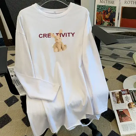 白色宽松长袖t恤女纯棉磨毛加厚打底衫2022春秋装韩版中长款上衣商品大图