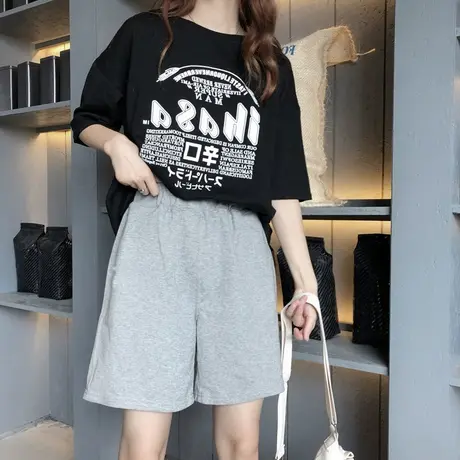 美式运动休闲短裤女2023夏宽松韩版高腰显瘦阔腿直筒五分中裤子潮商品大图