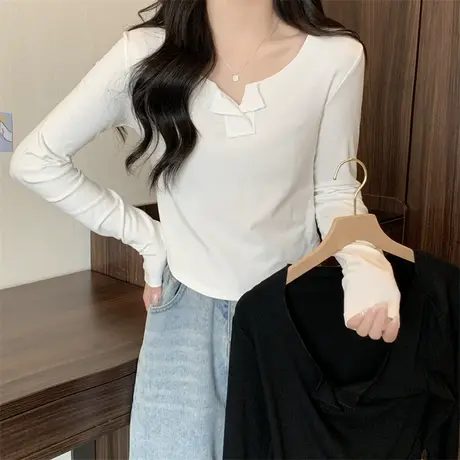 辣妹修身不规则长袖t恤女春秋设计感小众V领打底衫内搭上衣ins潮商品大图
