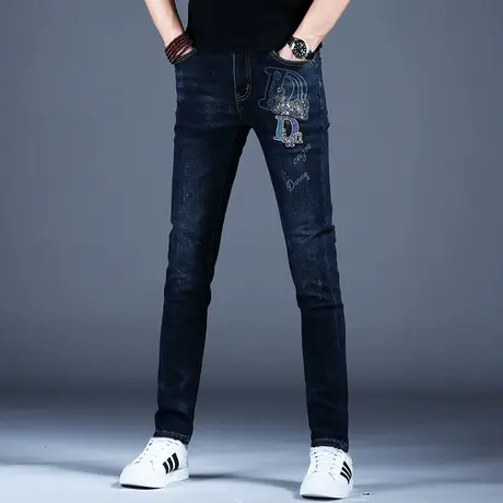 秋冬高端潮牌印花牛仔裤男款修身小脚裤子男2023男士弹力男裤休闲商品大图