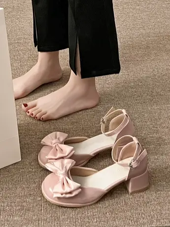 高级感包头凉鞋女2023春夏新款法式秀气蝴蝶结中空低粗跟单鞋女商品大图