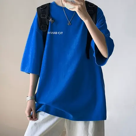 克莱因蓝短袖男夏季新款百搭宽松ins半袖体恤潮牌潮流港风五分袖商品大图