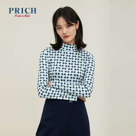 【直播专享】PRICH商场同款T恤衫新款针织几何图案印花修身上衣女商品大图