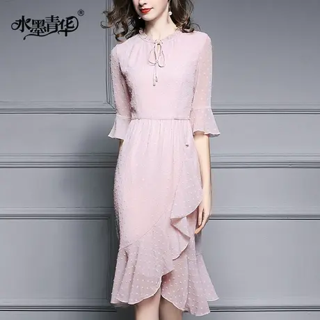 【1件7.9折】夏装新品气质优雅时尚女装修身中长荷叶边连衣裙图片