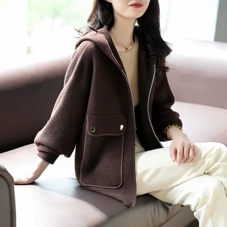 宝诗黎纯色连帽拉链开衫短外套宽松落肩口袋上衣2023秋季新款女装商品大图