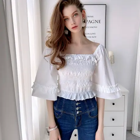 粉红大布娃娃年方领短款白色上衣衬衫女夏短袖港风ins潮商品大图