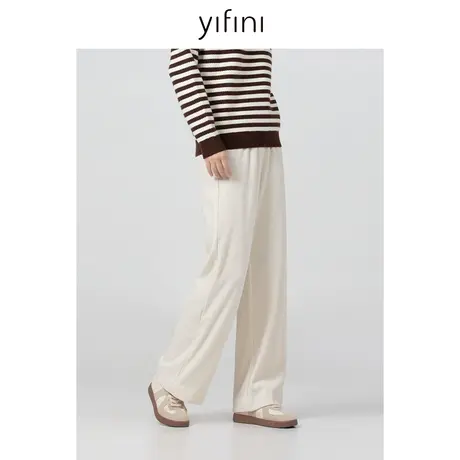 Yifini/易菲立体坑条雪尼尔休闲直筒长裤女冬季新款通勤百搭商品大图