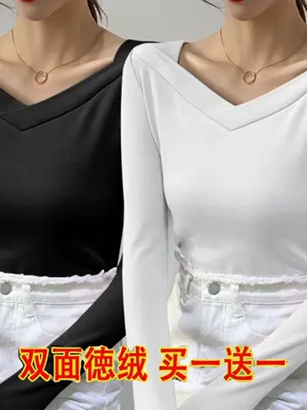 单/两件装德绒打底衫女内搭法式保暖长袖t恤秋冬高级感v领上衣服图片