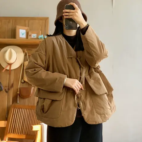 dza 复古宽松V领纯色净版口袋棉衣外套女冬新款休闲抽绳棉服上衣图片