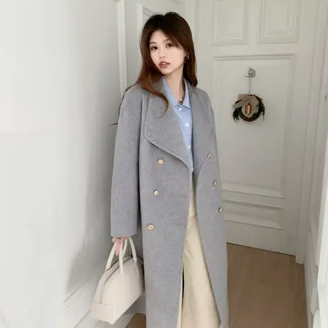 othermix 双面呢羊毛大衣女2023秋冬新款宽松休闲双排扣毛呢外套商品大图