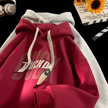 加绒加厚款连帽卫衣男秋冬季新款潮牌字母发泡美式设计感情侣外套图片