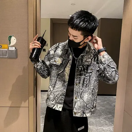 秋季男夹克外套修身花色潮流印花防晒机车潮牌短款快手ins牛仔衣商品大图