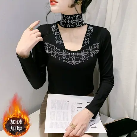 秋冬2024新款T恤半高领镂空镶钻上衣女加厚磨毛修身打底衫长袖ins图片