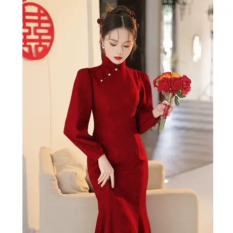 长袖敬酒服2023新款新娘礼服结婚订婚连衣裙酒红色鱼尾蕾丝秋冬季商品大图