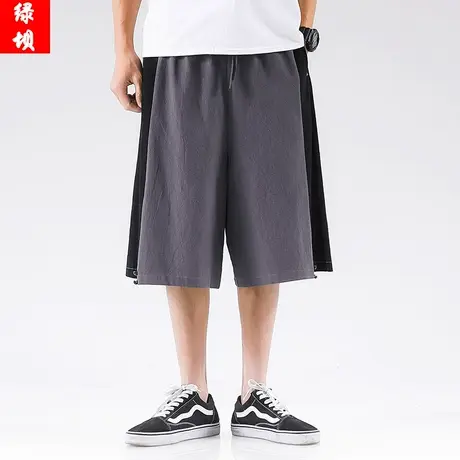 短裤男中国风拼色加肥大码民族风亚麻五分裤夏天青年休闲阔腿裤子商品大图