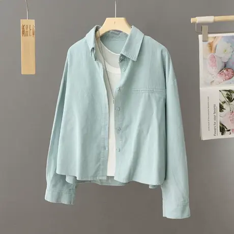 港风盐系短款衬衫女外套长袖春秋季新款宽松百搭休闲显瘦上衣夹克图片