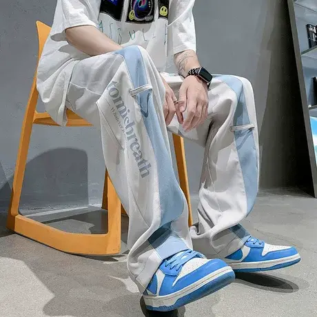 撞色拼接裤子男港风薄款抽绳秋冬季卫裤潮流宽松运动裤直筒休闲裤商品大图