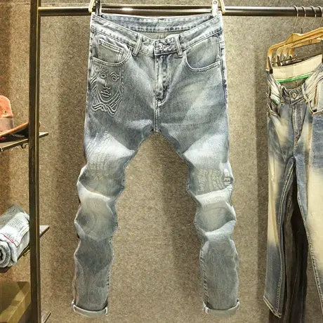 2024新款立体烫印图案牛仔裤男修身小脚裤高端印花潮牌百搭长裤子商品大图