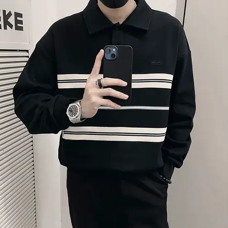 POLO领卫衣男春季新款潮流简约ins休闲拼色条纹上衣长袖打底T恤衫商品大图