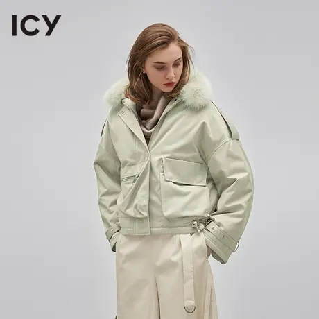 icy女装设计新款下摆抽绳拼接毛领羽绒服女欧美风时尚个性外套图片