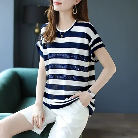 宝诗黎圆领亮片条纹短袖t恤女宽松薄款针织衫夏季新款2022上衣潮商品大图