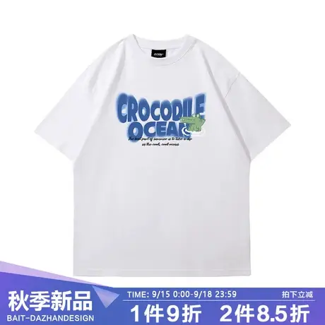 欧美重磅高街t恤情侣款趣味小鳄鱼设计感ins风大码落肩白色短袖夏商品大图