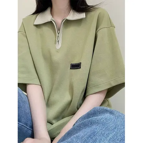 日系polo领设计感小众短袖t恤女夏季新款宽松美式翻领正肩上衣服商品大图