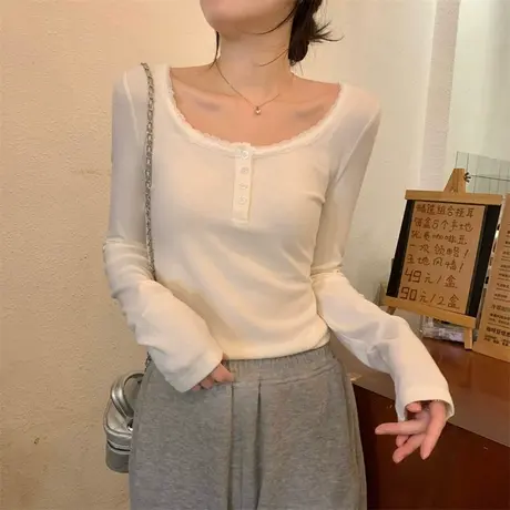 方领蕾丝拼接长袖t恤女2023新款早秋季白色内搭打底衫气质上衣服图片