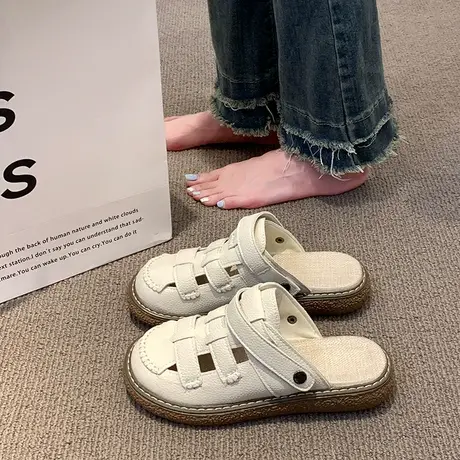 包头罗马凉鞋女夏季2024今年新款厚底孕妇软底两穿半拖鞋外穿单鞋商品大图