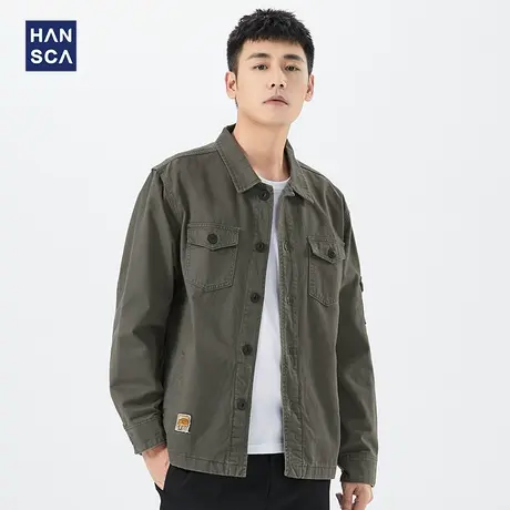 汉斯卡工装外套男士2022春秋季日系宽松韩版潮流百搭休闲翻领夹克商品大图