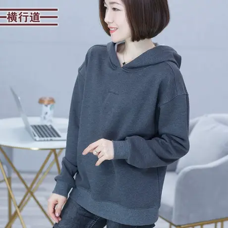 2024春装大码女装连帽加绒卫衣休闲宽松纯棉长袖印花卫衣黑色上衣商品大图